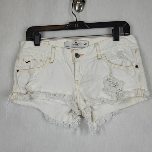 Hollister Womens White Destroyed Frayed Hem Flat Front Denim Cut Off Shorts Sz 3 - Picture 1 of 7